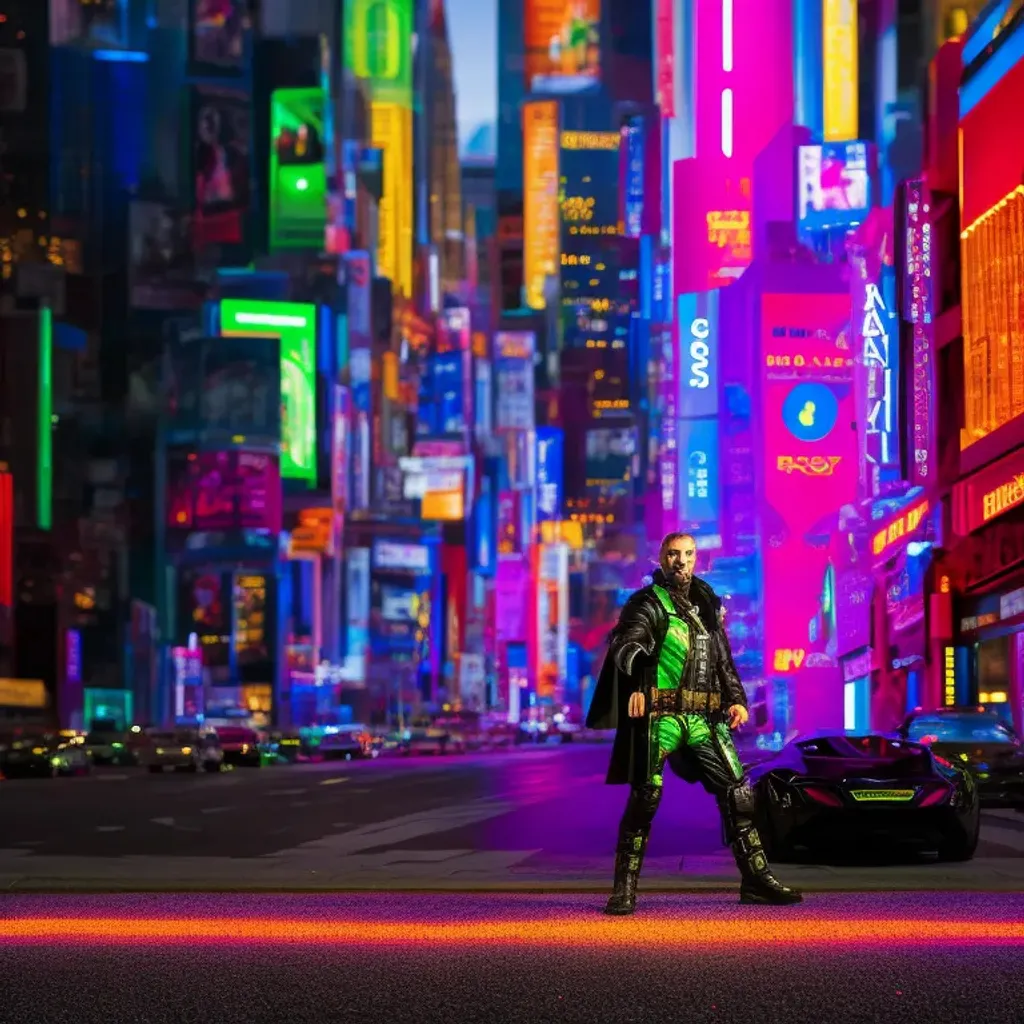 Prompt: Vivid Neon Colors, Portrait Photo of a Man Superhero, Long shot, action scene, highly detailed, intricate detail, Cityscape, highly detailed