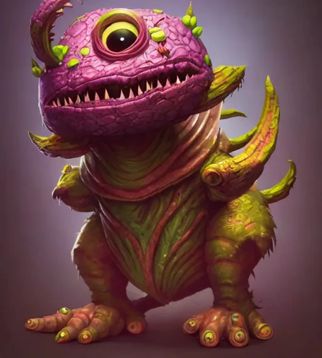 Prompt: an epic fantasy comic book style portrait painting of an extremely cute and adorable fantasy monster, creature concept by pixar, Naoto Hattori, matt dangler, unreal 5, hyperrealistic, octane render, cosplay, rpg portrait, dynamic lighting, intricate detail, summer vibrancy, cinematic