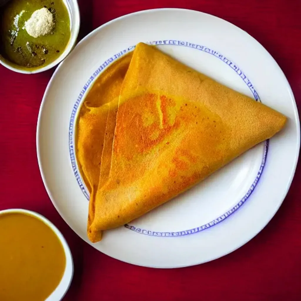 Prompt: brochure photograph of a tasty, piping hot masala dosa, mouth watering, steam rising, melting butter on top,  with chutni, on a white china plate, cloth napkin, fork and spoon, highly detailed, close up, masterpiece, artstation