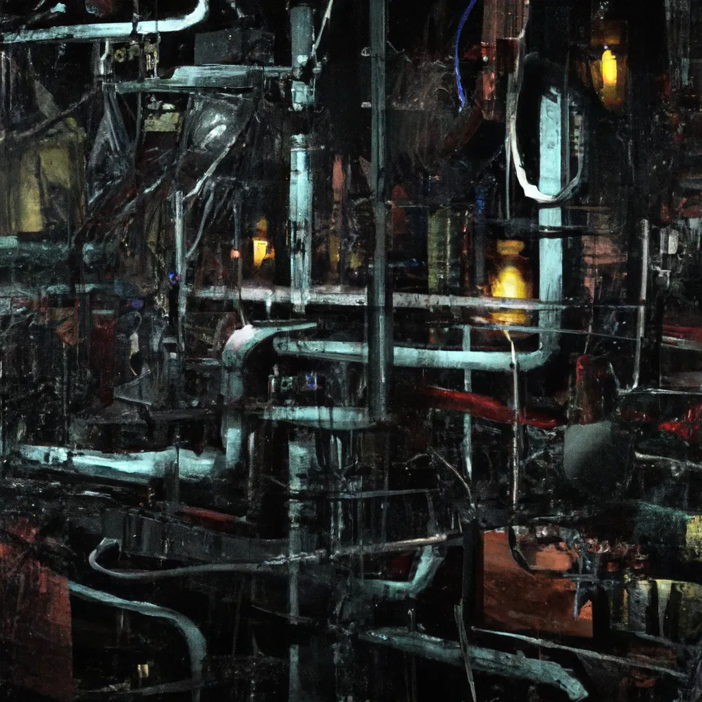 Prompt: A cathedral made of wires and cables - early xx century - first - generation vacuum - tube computers - enia c - colossus - enigma machines - inside u - boat  - obsolete technology - high resolution - 4 k - dark atmosphere - high contrast - retro futuristic - biomechanic mutation - hp lovecraft atmosphere - detailed artwork - art by hans giger