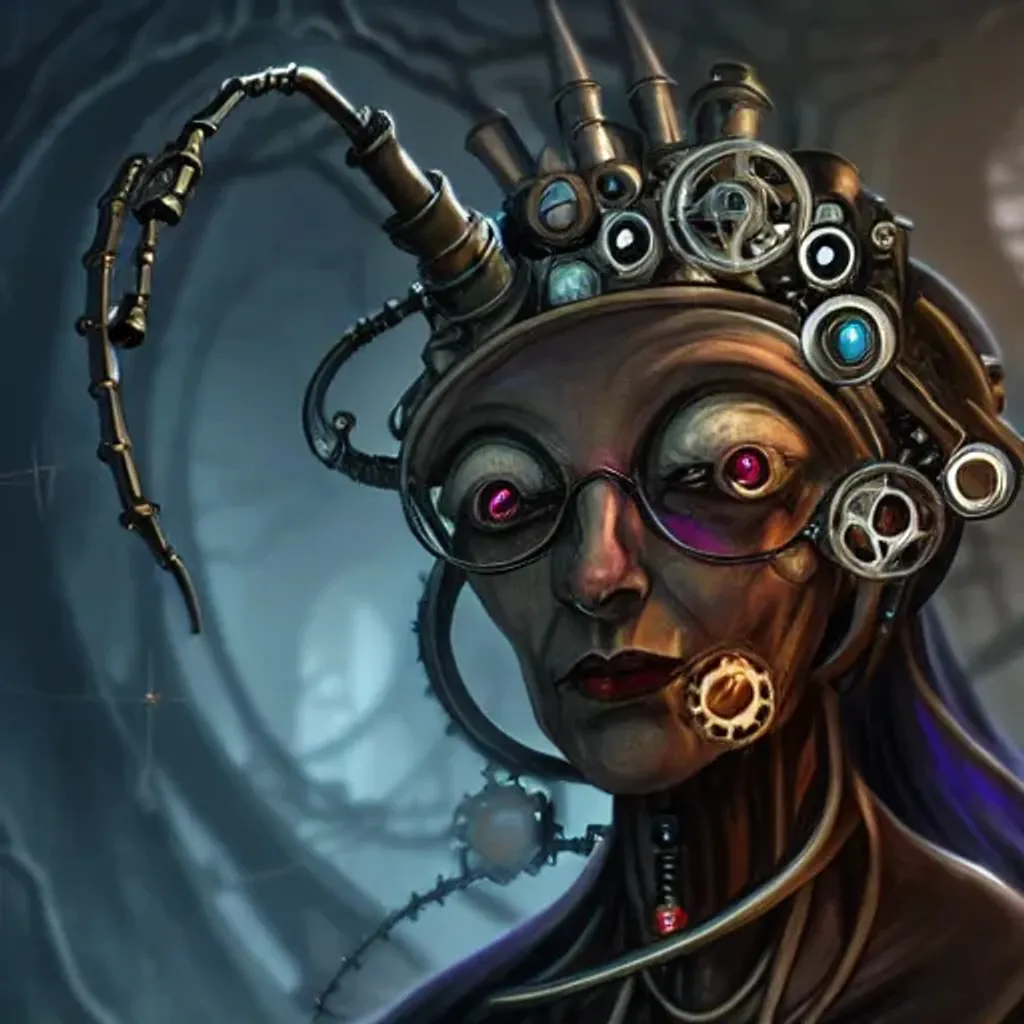 Prompt: fantasy artwork of a phyrexian witch, old woman made of mechanical parts, gears for eyes, ancient crone machine, hd 4k