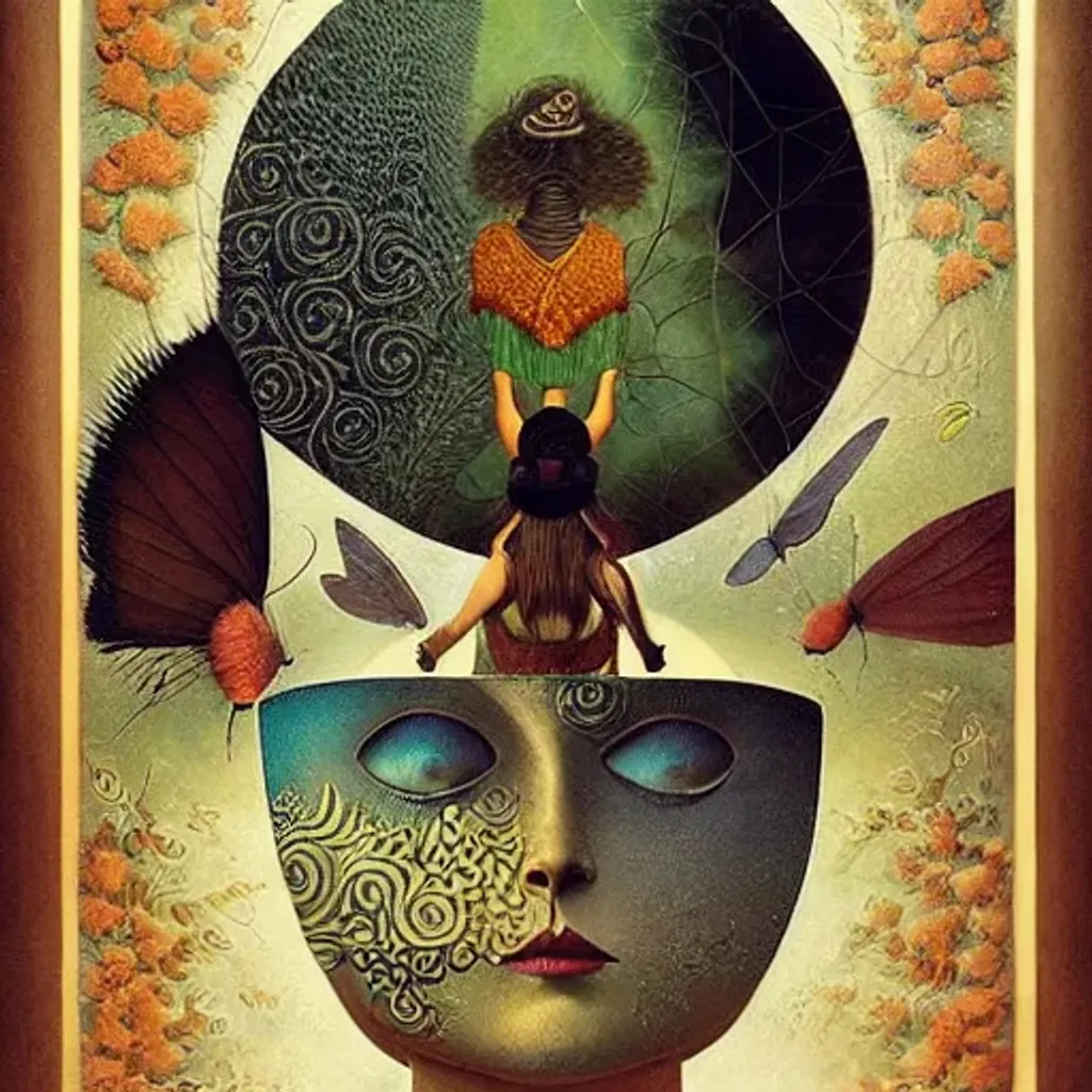 Prompt: Peruvian arpillera Oxana dobrovolska victo ngai henry rousseau Vladimir kush peregrine heathcoate catrin welz-stein Andrea kurti Andrea kowch 