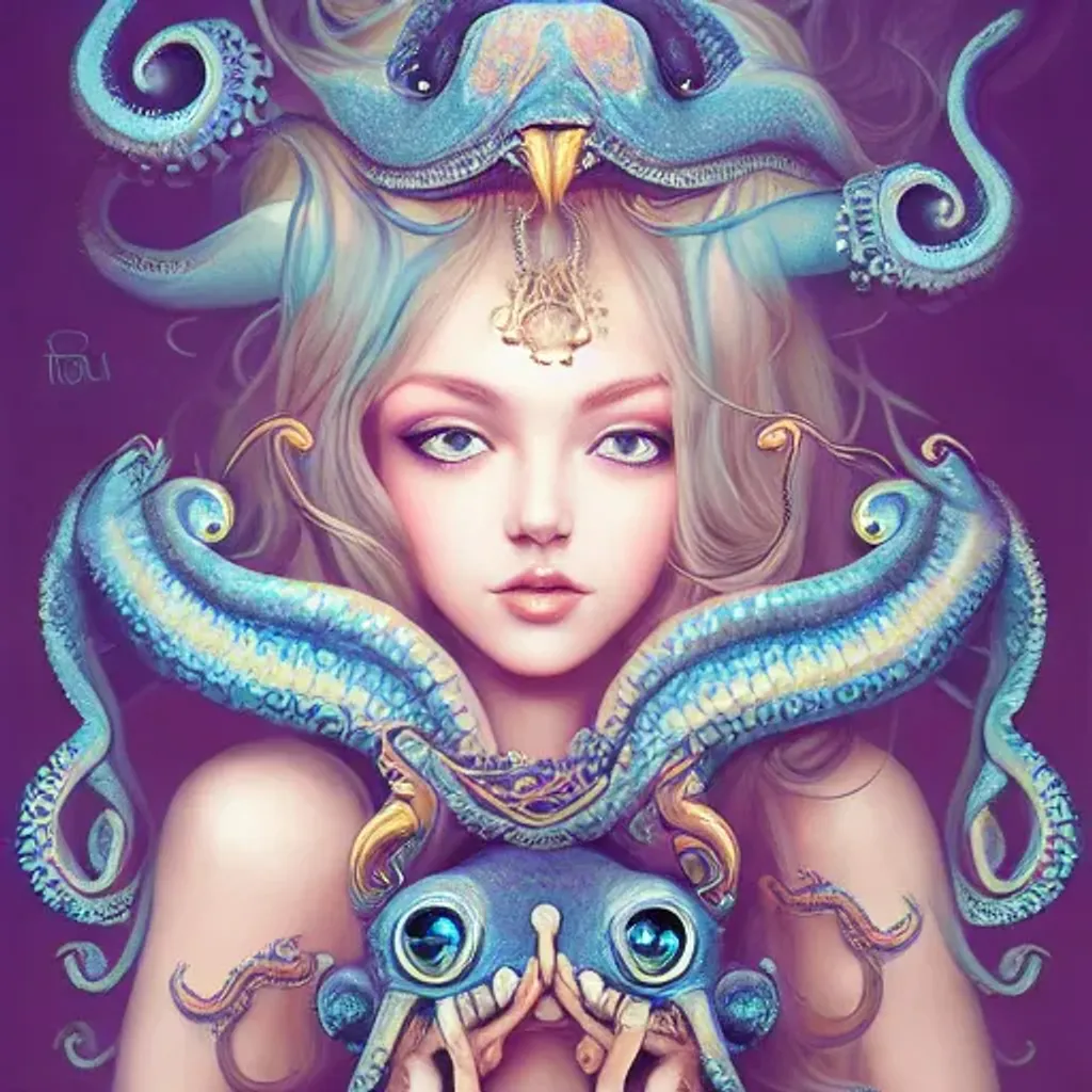 Prompt: realistic beautiful big blue detailed eyes, centered portrait, detailed cute octopus goddess on a golden throne, hyperrealistic detailed, in the style of sheena pike , anna liwanag , anna dittmann