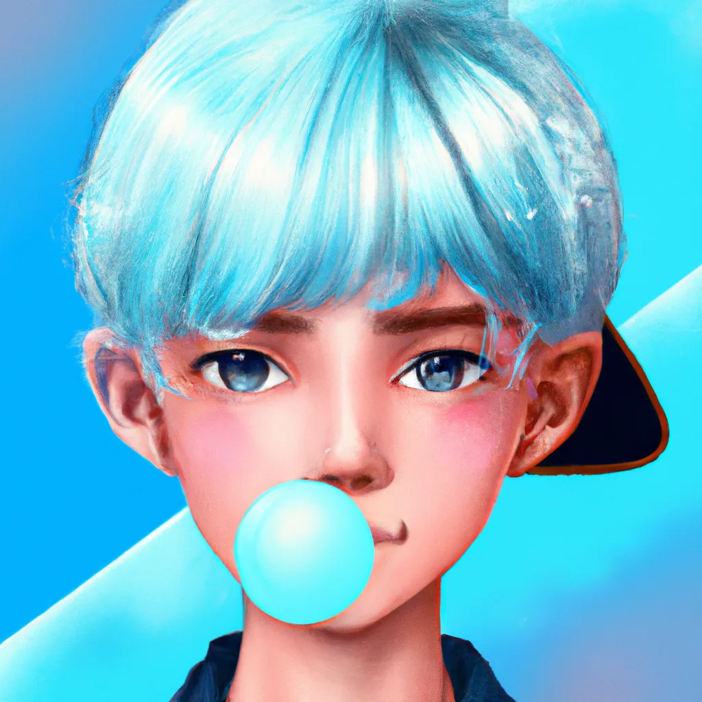 Prompt: Portrait of boy with bubble gum blue hair and with cute face, hyperrealistic, super detailed, 8k, high quality, trending art, blue background 