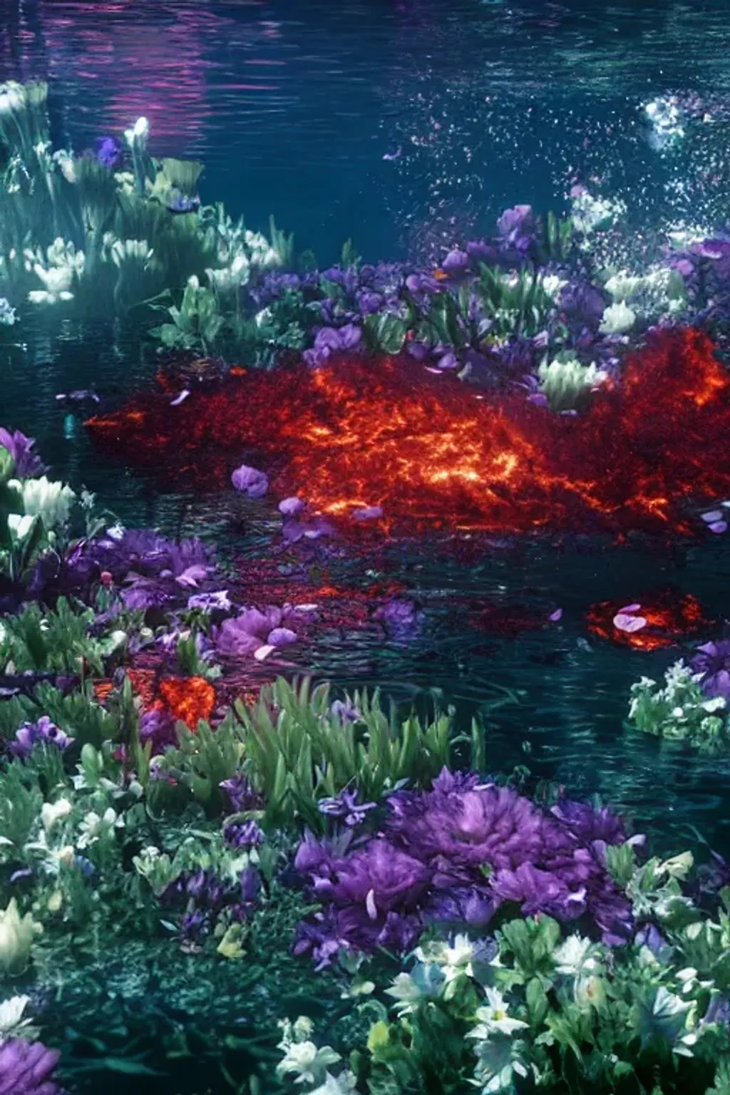 Prompt: a sea of flowers burning underwater, HD, dramatic lighting, cinematic, wallpaper, 8k, RTX, unreal engine
