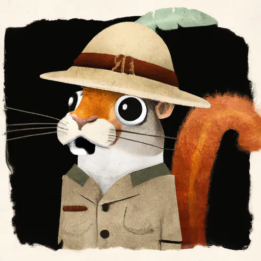 Prompt: portrait of a posh squirrel wearing a monocle and a safari hat, bushy moustache