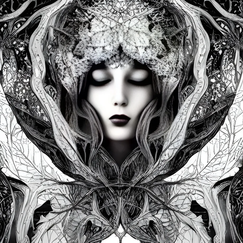 Prompt: a woman with white leaves on her head, behance contest winner, gothic art, detailed symmetry!!, detailed entangled fibres