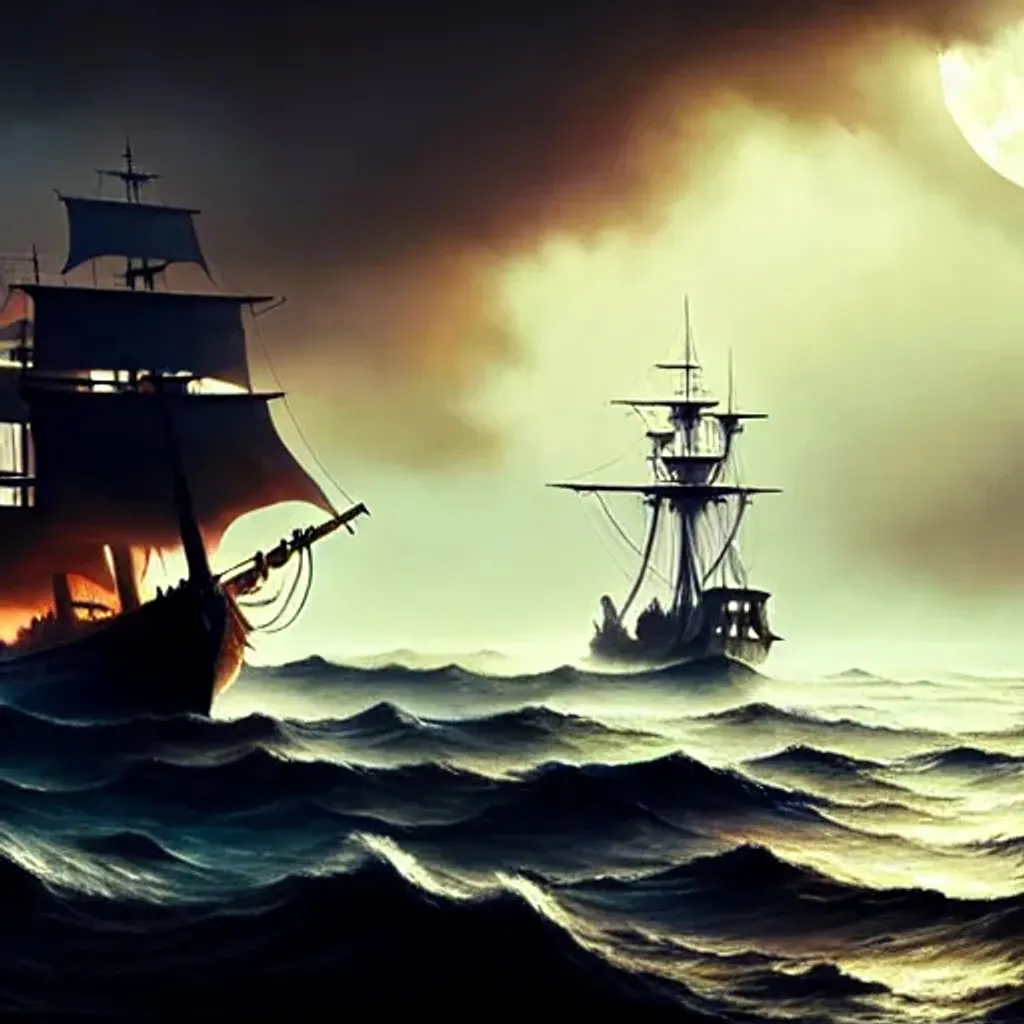 A Beautiful Painting Of A Pirate Ghost Ship, Bow Bre 