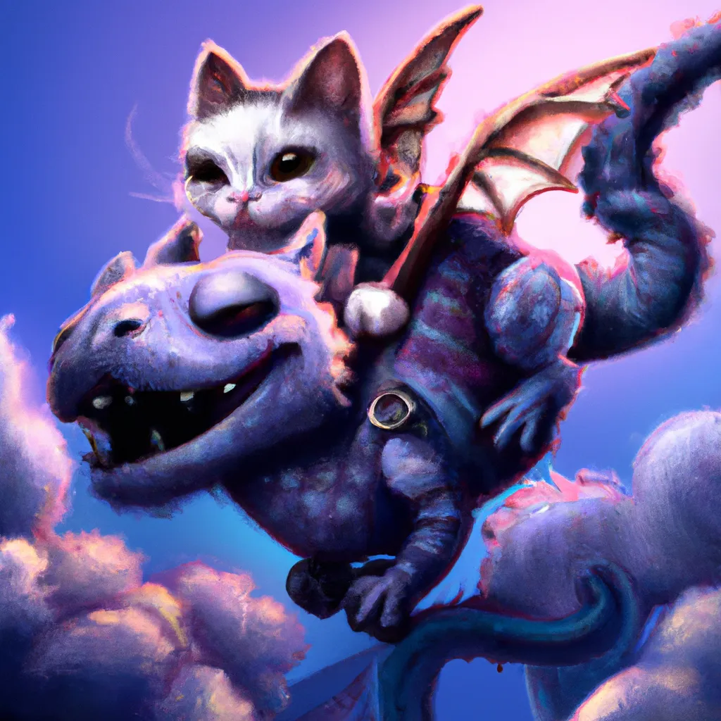 Prompt: A cute cat riding a dragon through the sky's, digital art, highly detailed, high quality 