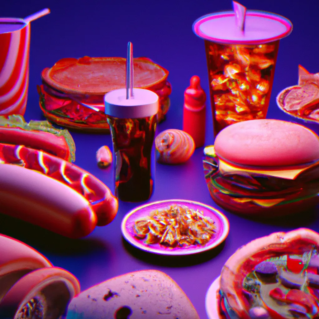 Prompt: 🌭🍕🍔 🍟 🤤, 3D Maya Cinema4D UE4 UE5, dramatic crimson lighting, chromatic aberation, dutch camera angle