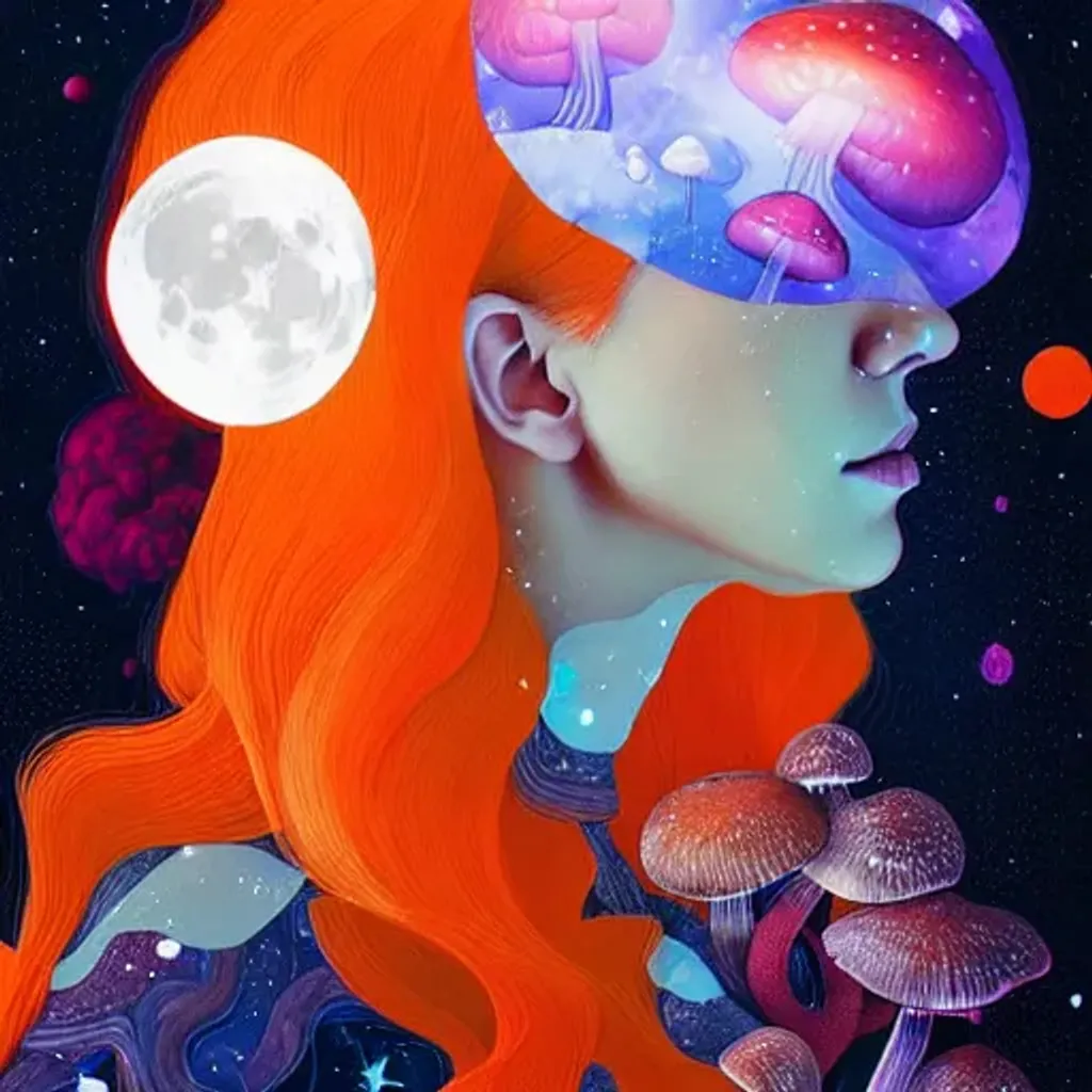 Prompt: Digital portrait by Ryan Hewett, Beautiful woman with orange hair, mushrooms growing out of her hair, hq, fungi, celestial, portrait, victo ngai, moon mushrooms, galaxy, moon, stars 