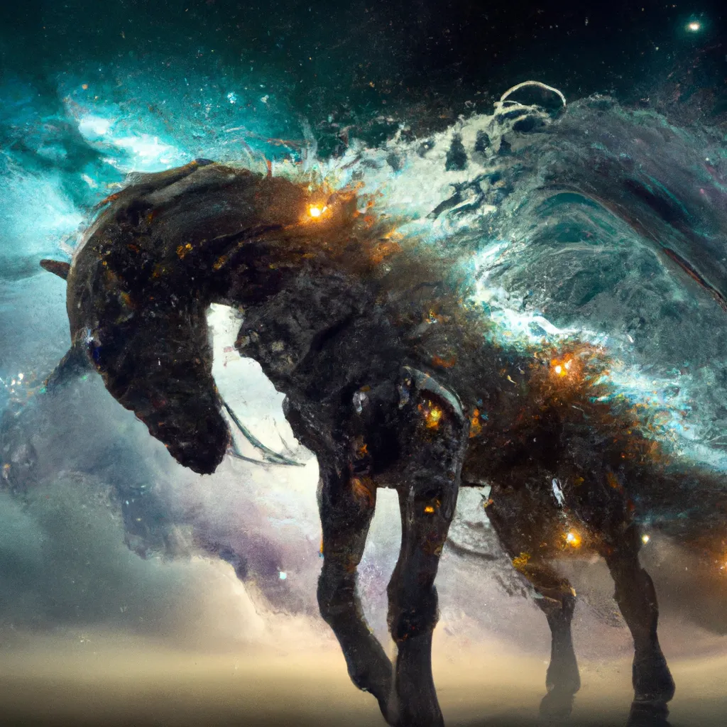 Prompt: Shiva’s Space horse steampunk, Starry Cloak, Nebula Hair In Endless Void, Astral Currents, Cosmic Waves | 8K, Hdr, Fantasy, extreme details, high resolution, Sharp focus, space horse, Dn, Naoto Hattori, Zdzislaw Beksinski