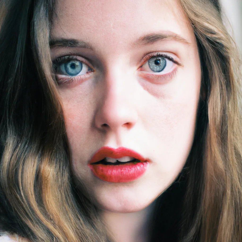 Prompt: A close up of a woman’s face, mid-twenties, staring directly into the camera. She has bright blue eyes and long dark hair. She is wearing a red lipstick. Cinestill 800t.