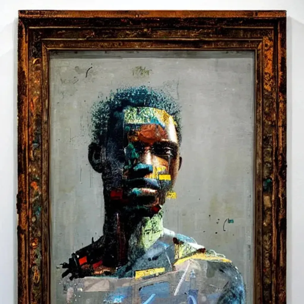 Prompt: -a beautiful glitched painting by robert proch and christian hook of a black man in a hospital, metal rust and plaster material