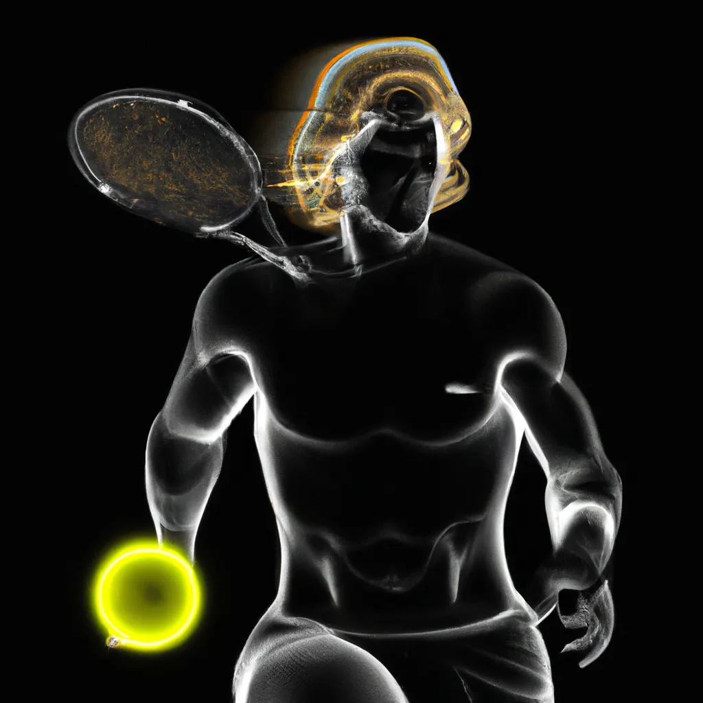 Prompt: a smooth transparent clear crystal body of Rafael Nadal serving a tennis ball appears to be illuminated by smooth streaks of random lightning bolt wrapping her body in total darkness by Christian W. Staudinger, featured on cg society, perfect composition, black background, darkness, holography, backlight, transparent crystal, chiaroscuro, bioluminescence, opalescent, iridescent, x-ray hologram | 3d octane render | octane lighting | dream fantasy | centered | octane render artstation trending 8k ultra-detailed  | sharp focus golden ratio | Disney Pixar Dreamworks 