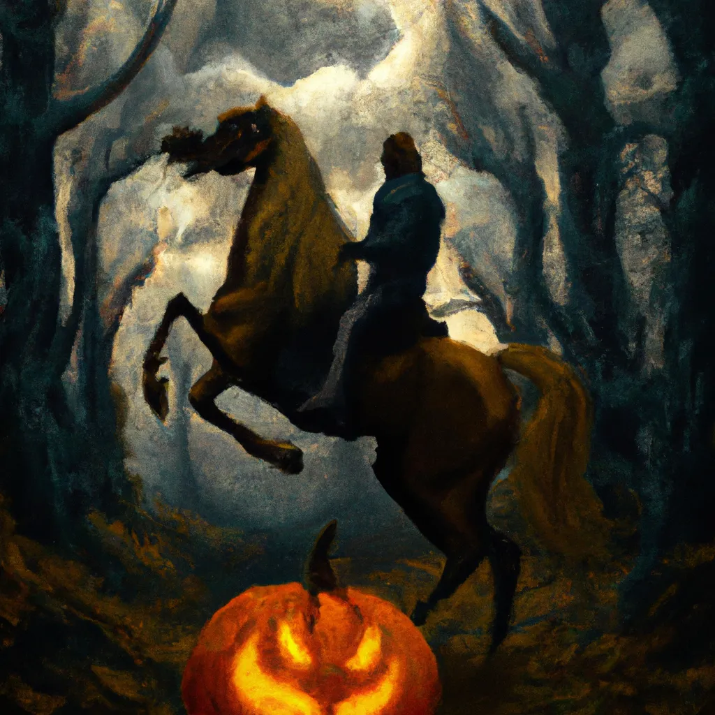 Prompt: A majestic and creepy painting of a headless horseman riding his horse in the woods, while holding a fiery pumpkin in one hand. Ominous, cloudy sky.