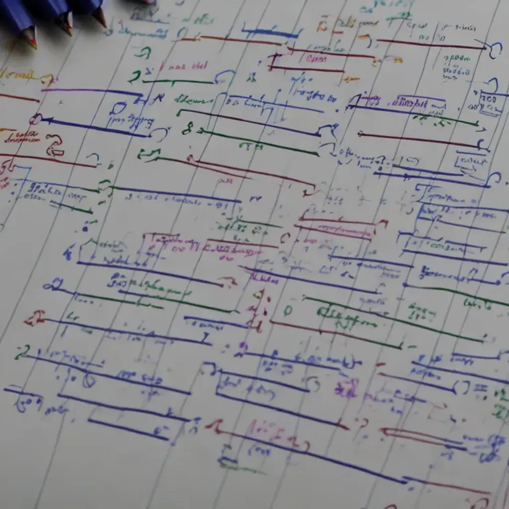 Prompt: The world's most complicated diagram written in a college-ruled notebook