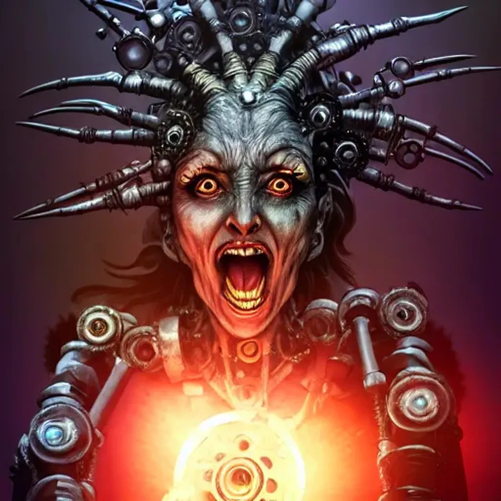 Prompt: fantasy artwork of a phyrexian witch screaming and casting a spell, old woman made of mechanical parts, gears for eyes, ancient crone machine, arched unnatural back, hd 4k, selina fenech