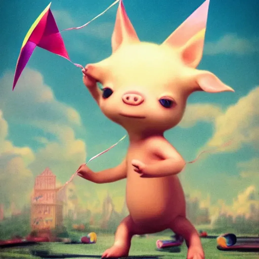 Prompt: Lightning bolt strikes a tiny cute pig, flying a kite, skateboarding, soft smooth lighting, ultra sharp focus, soft pastels, dark background  [ collaboration with wlop,artgerm, Lisa frank, Karol Bak, Laurie Lipton, mark ryden, mc escher, Greg Rutkowski, Giger, Yamamoto], 3d octane render artstation trending 8k unreal engine blender, polycount, modular constructivism, pop surrealism, physically based rendering, Disney Pixar Dreamworks 