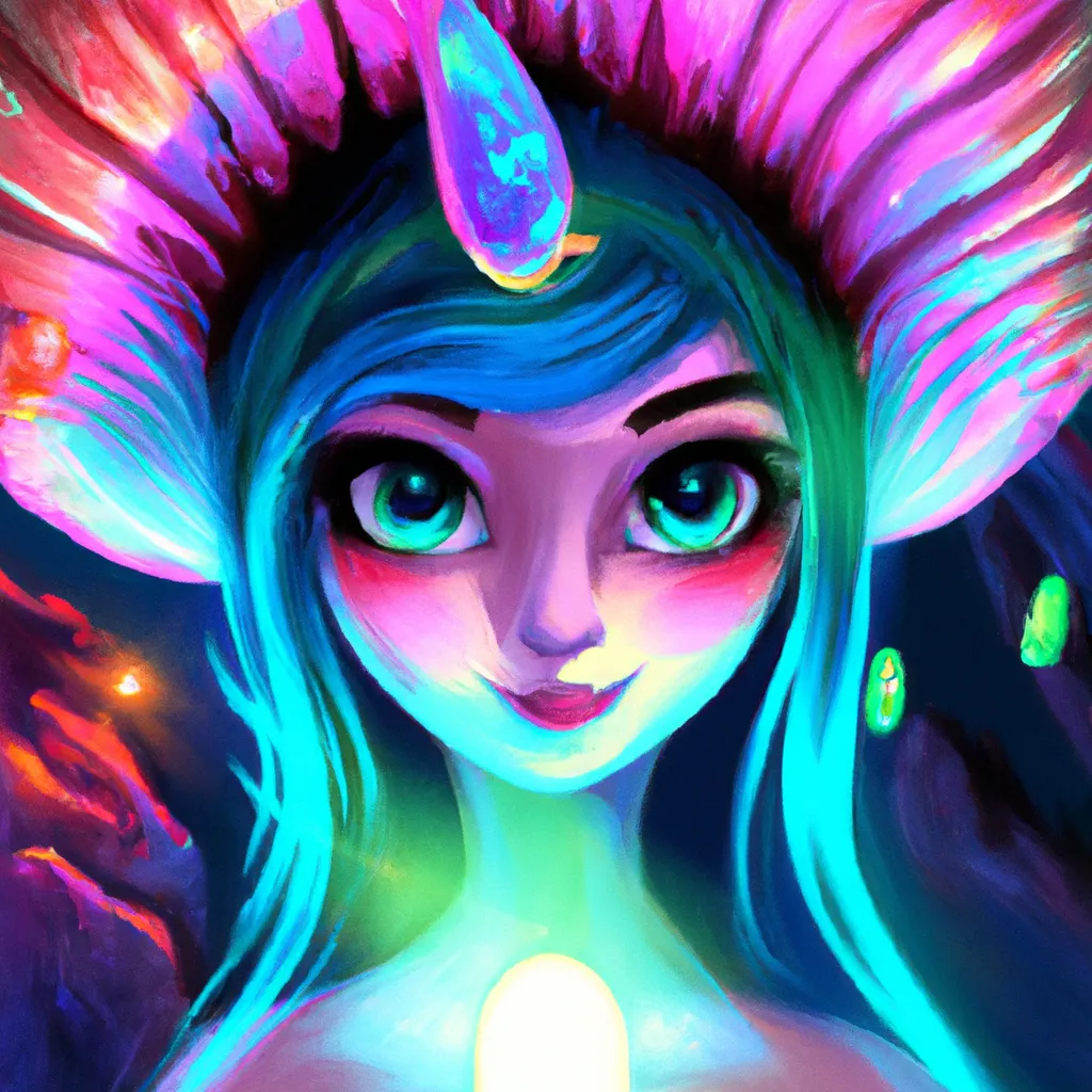 Prompt: Detailed illustration, beautiful mermaid with fin ears, glowing mushroom hat, portrait, key visual, character design, character concept, bright lighting, deep sea, coral reef, fish, High detail,high quality, 8k, fantasy atmosphere, magic, character concept art from a popular video game, animation, pixar, disney, anime, animated, opal pearl tail, shimmering scales