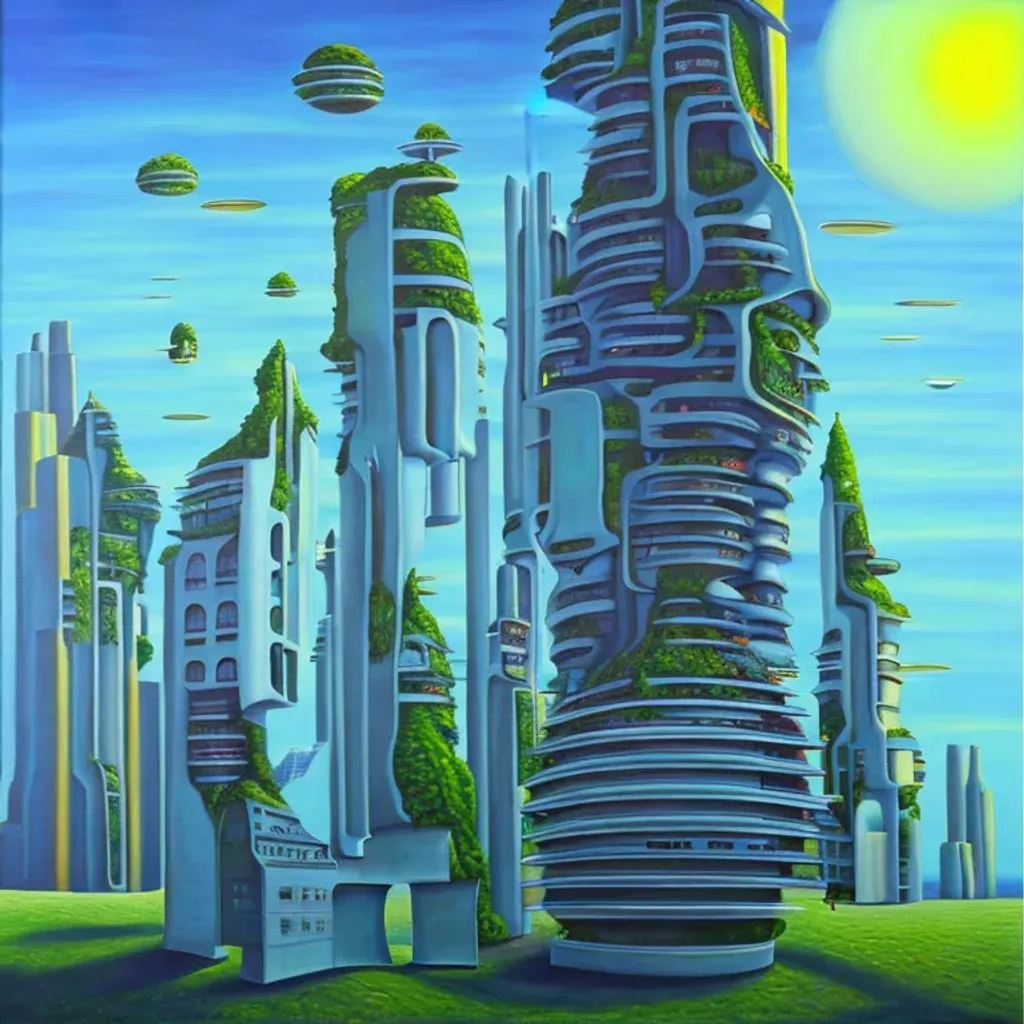 Prompt: nature, futuristic buildings, surrealist painting