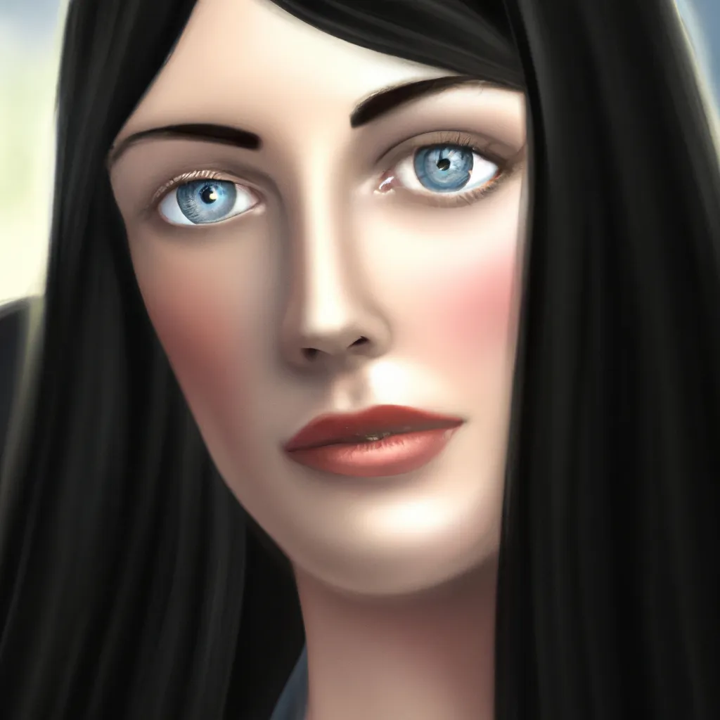 Prompt: Digital portrait of a beautiful woman with big blue eyes and bags under her eyes, black long hair and pale skin, digital art, 3D digital oil painting