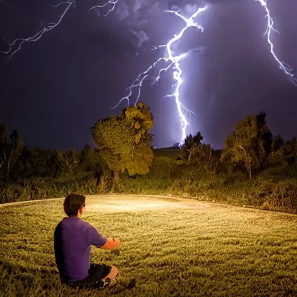 Prompt: giant all-powerful Storm wizard, the wide-angle at night, only light from lightening coming from him