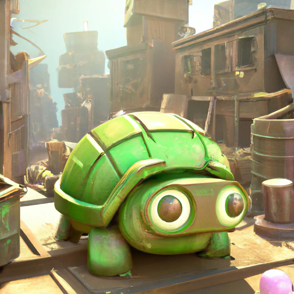 Prompt: 3D render of a cute dystopian junkyard with a green-coloured garbage robot turtle in a clay style, isometric view, new york ruined city background, substance 3d painter, blender, smooth texture, Volumetric lighting, high resolution, trending on behance.net, by Nintendo