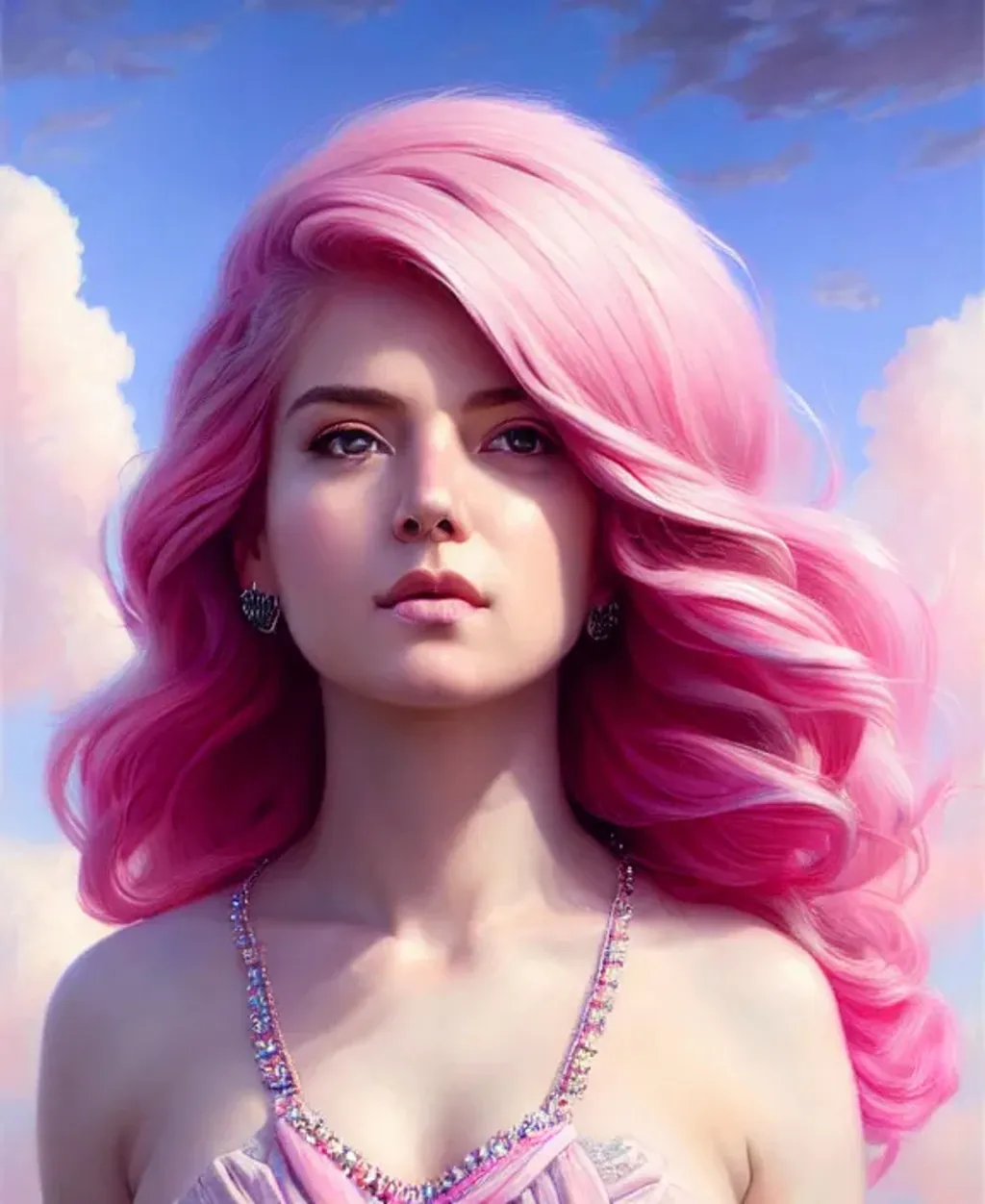 Prompt: Full body Portrait of {goddess} with {pink} hair and with cute face, {clouds}, full body, perfect composition, hyperrealistic, super detailed, 8k, high quality, trending art, trending on artstation, sharp focus, studio photo, intricate details, highly detailed, by greg rutkowski,