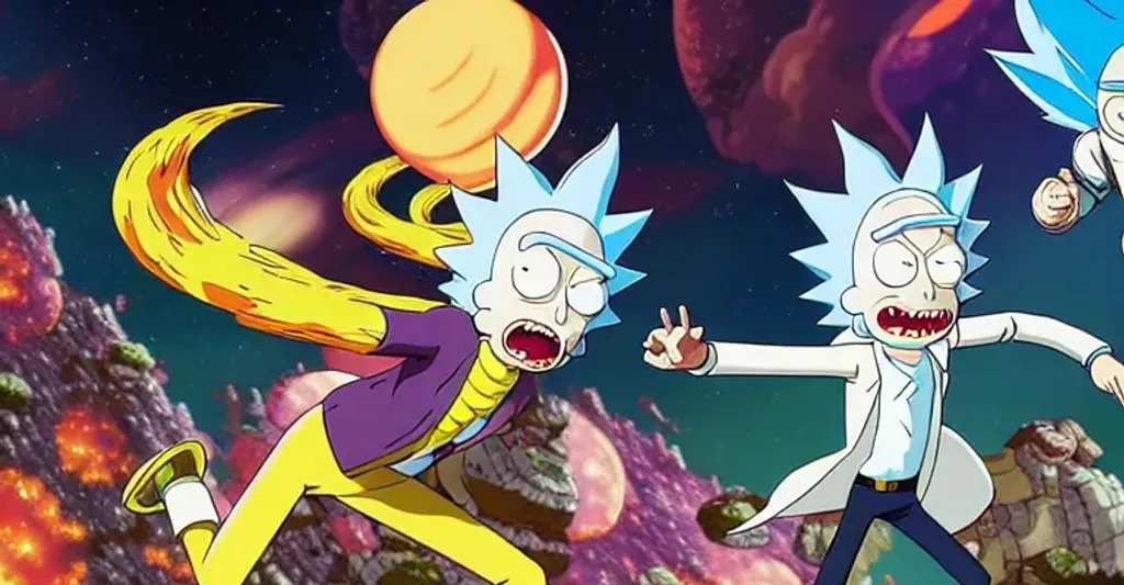 Prompt: rick and morty as dragonball characters, flying through space, dragonball style, by akira toriyama, trending on artstation, 8k, intricate details by danydraws, incredibly detailed, detailed face, masterpiece, high quality, highly detailed, fully in frame, professional concept art