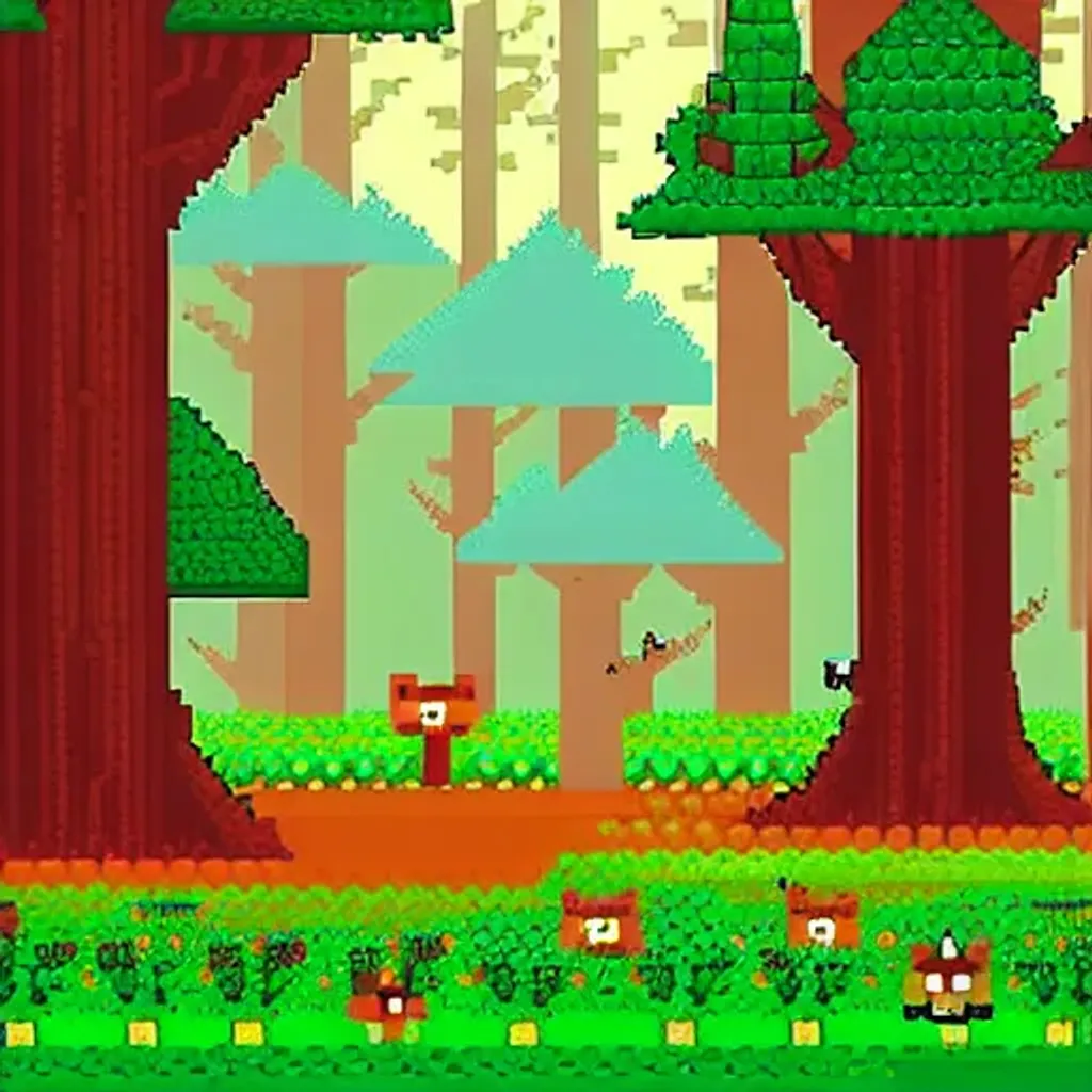 Prompt: cute forest scene, pixel art by Paul Robertson