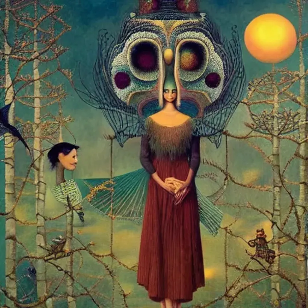 Prompt: Peruvian arpillera Oxana dobrovolska victo ngai henry rousseau Vladimir kush peregrine heathcoate catrin welz-stein Andrea kurti Andrea kowch 