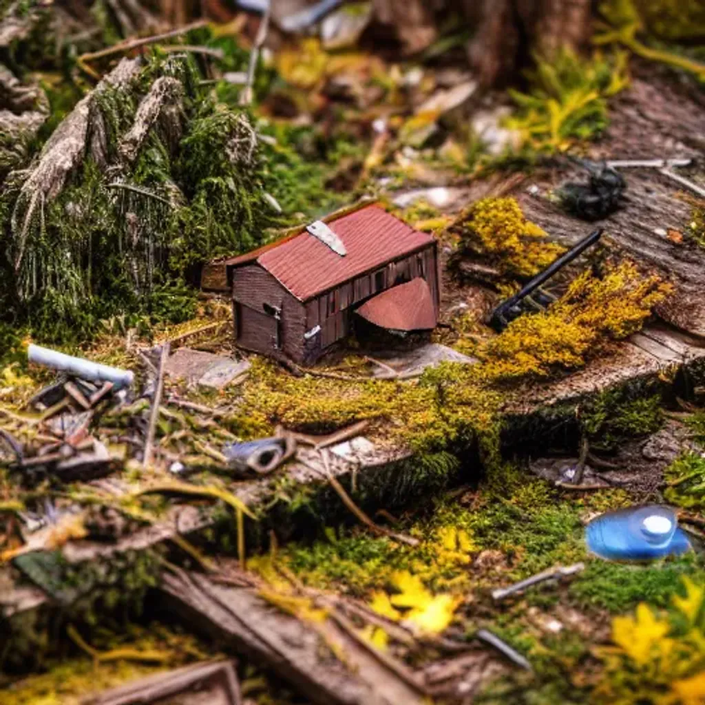 Prompt: miniature world in a box on a desk at night, autumn, mountains, dead trees, lakes, abandoned buildings, tilt-shift lens, shot on canon 5d, shot on nikon, shot on medium format phase one iq180, ultra realistic,