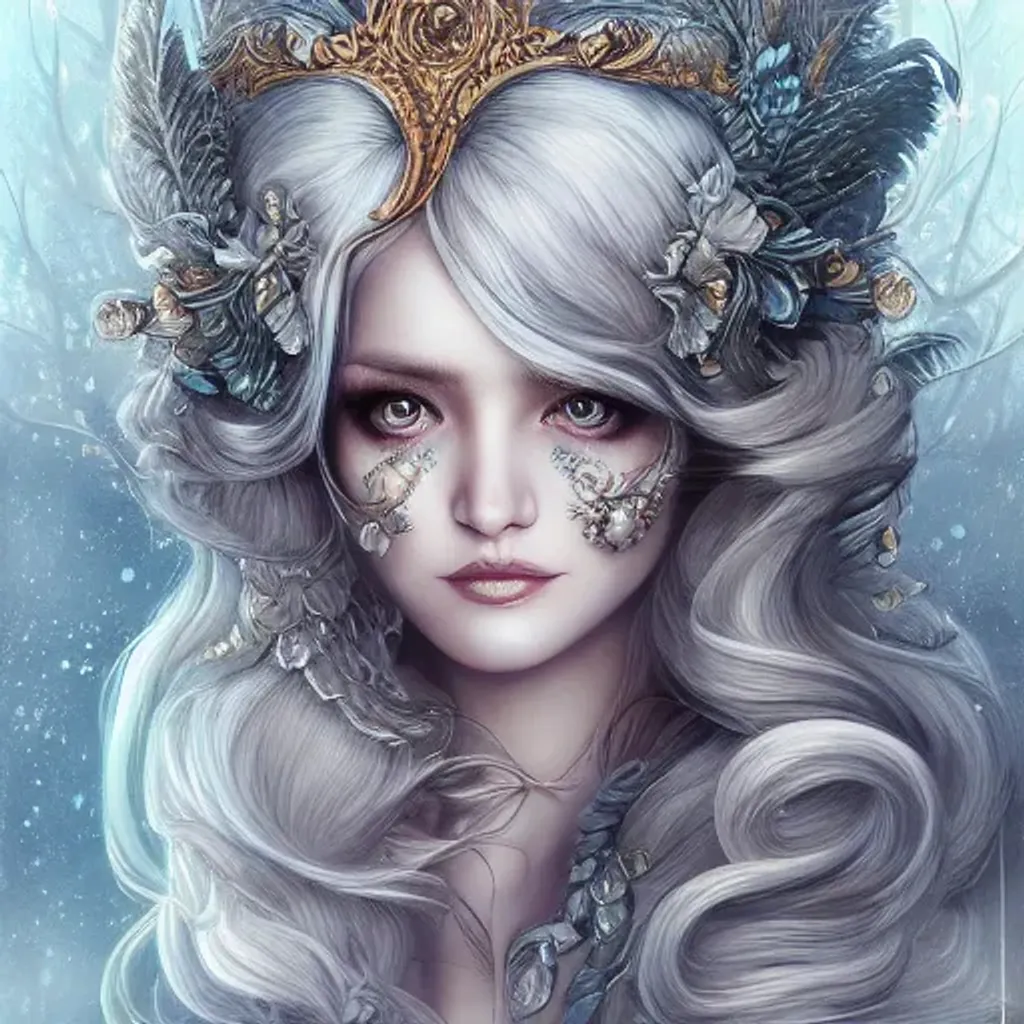 Prompt: hyper detailed full length winter time, beautiful Swan goddess, hyperrealistic detailed, realistic beautiful big eyes, muted colors, snowy christmas trees in background in the style of sheena pike , anna liwanag , anna dittmann, charlie bowater color book style, style of HR Giger