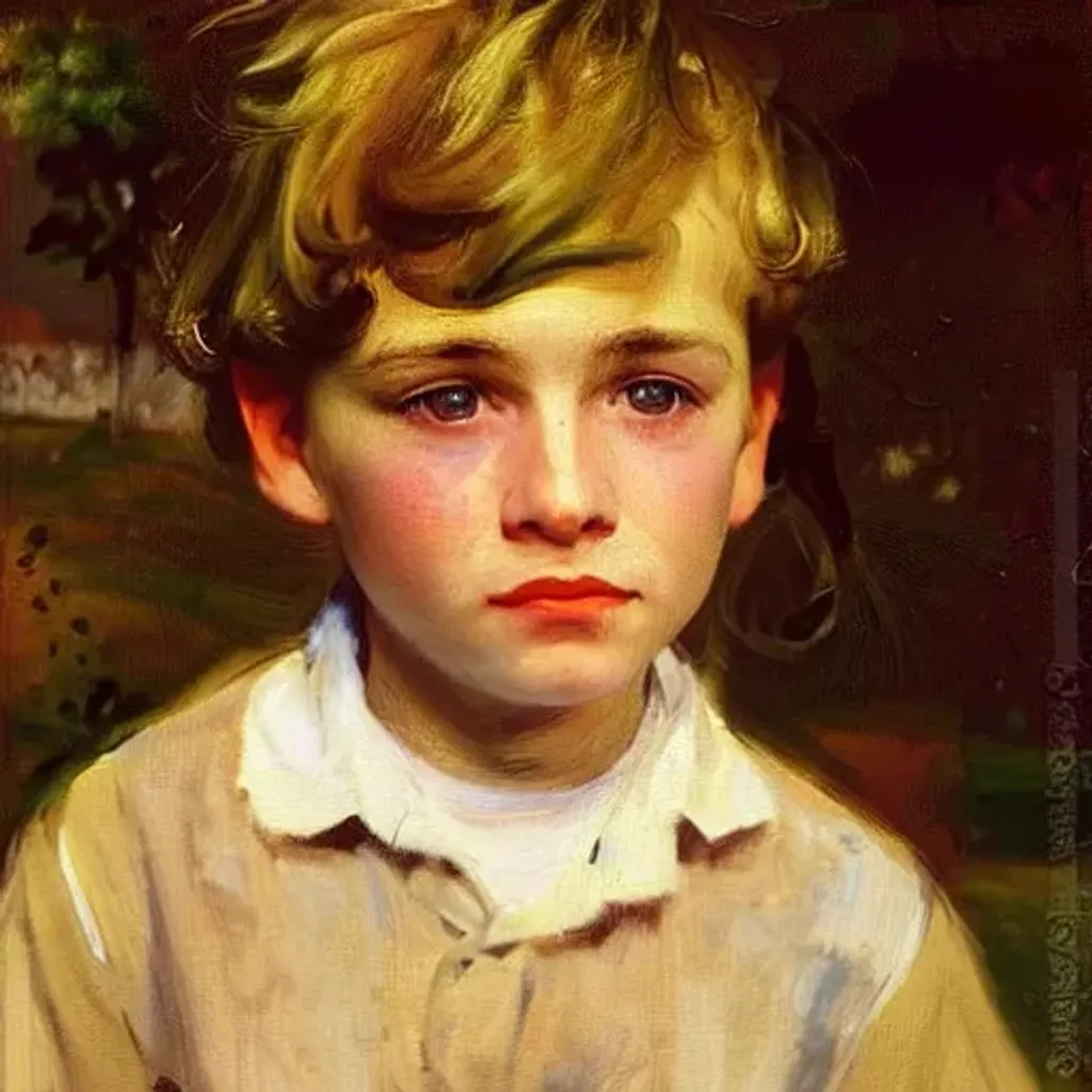 Prompt: Portrait of a young boy, light hair, big grey eyes, Ilya Repin style,  John Singer Sargent style, highly detailed, depth of field, soft light, brush strokes   