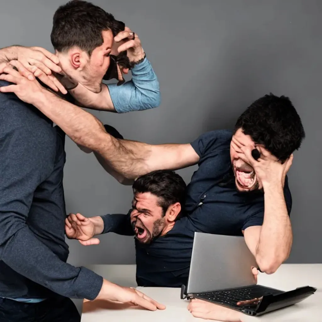 Prompt: man smashing another man face with a laptop