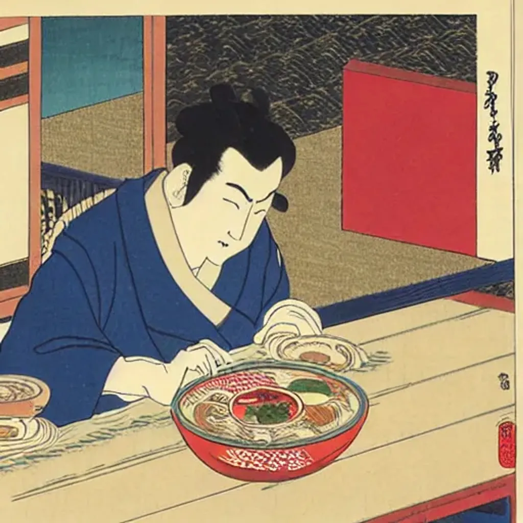 Prompt: Ukiyo-e, westerner, a foreigner wearing a colonial western clothes is eating a fancy bowl of ramen.