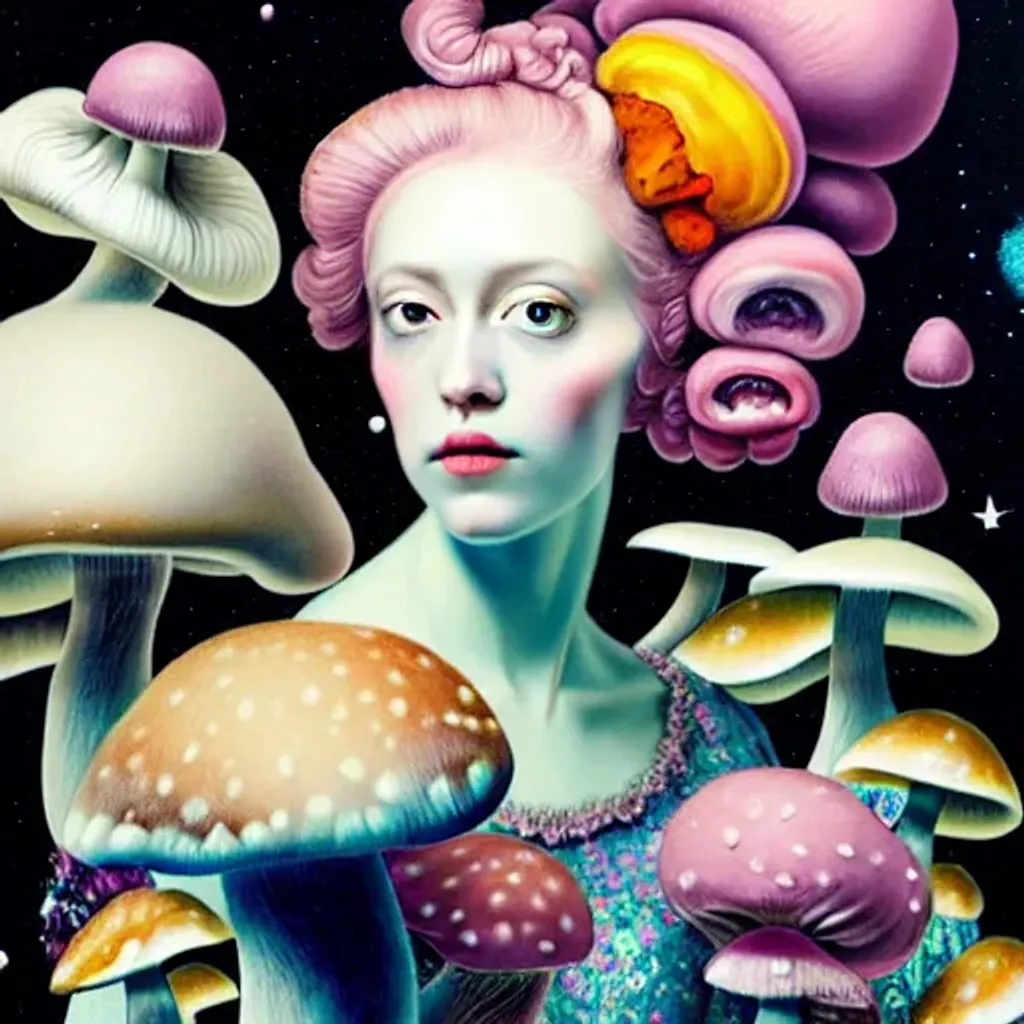 Prompt: Rococo pastel portrait by Ryan Hewett, Miles Aldridge, Beautiful woman with mushrooms growing out of her hair, victo ngai, hq, fungi, celestial, moon, galaxy, stars 