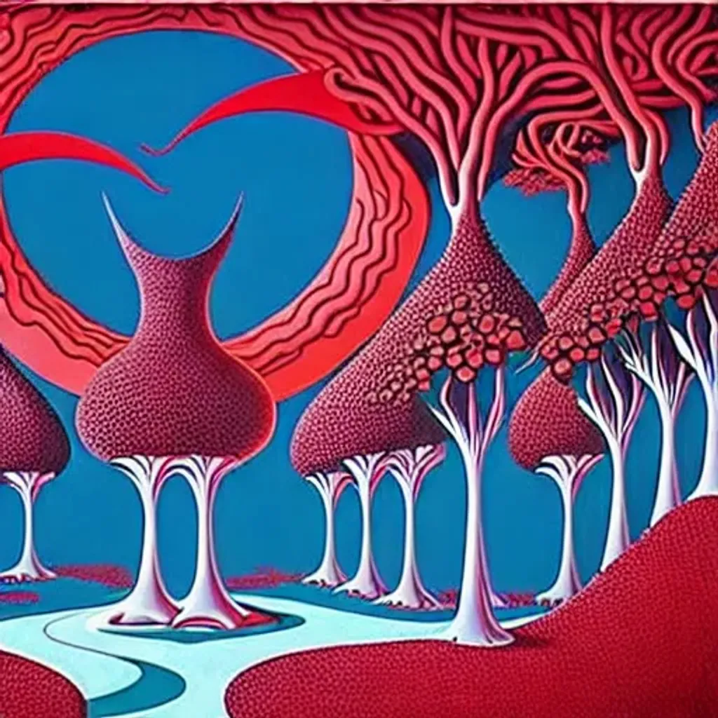 Prompt: House of the hopefulness, 
House of the loneliness, impressive surrealist painting by Tim Burton and Sho Murase and eyvind earle. Floral explosion. Rich fauna. Organic biopunk. Dystopian wasteland. Architecture advertisements.