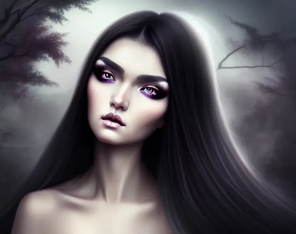 Prompt: Portrait of an ethereal gothic eurasian woman, smooth soft skin, big dreamy black eyes with double eyelids, beautiful intricate straight hair in a western hairstyle, soft lighting, detailed face, minimal digital painting