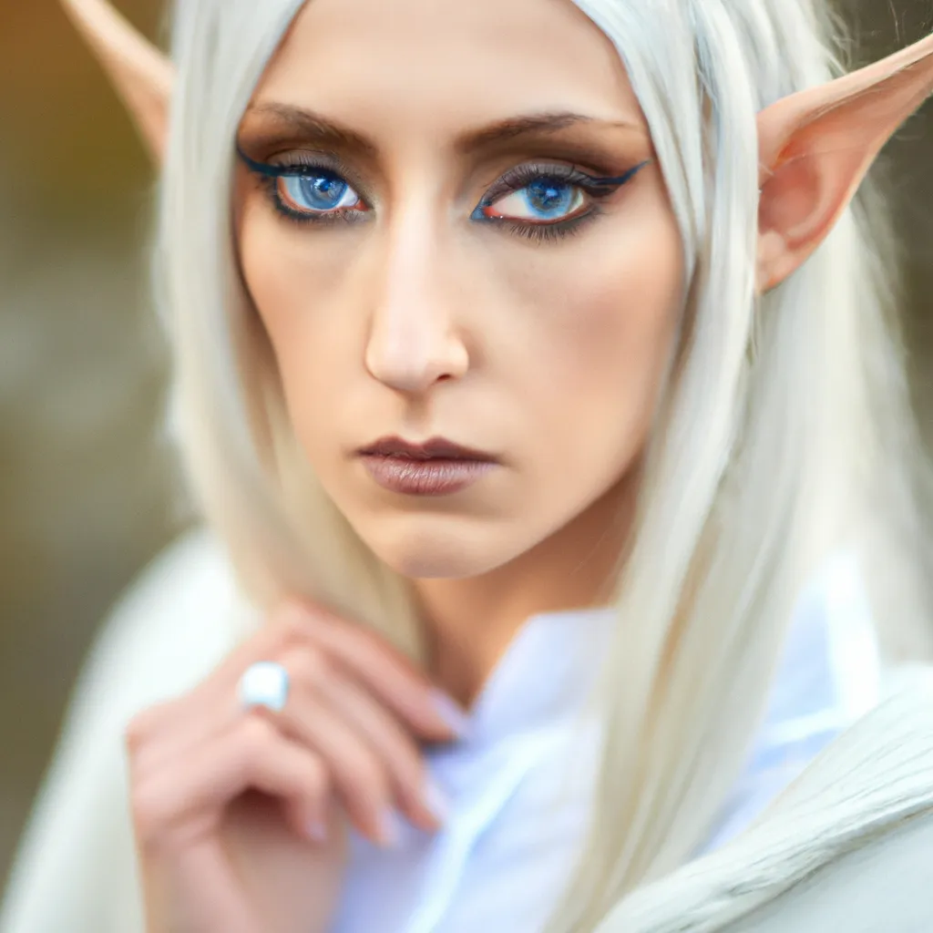 Prompt: Lord of the ring elf queen from northern city, blonde hair, blue eye, white skin, blue and white clothes, Sigma 85mm f/8, 8k