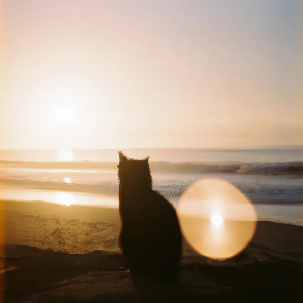 Prompt: a film photo of a black cat sitting on the beach as the sun rises behind it