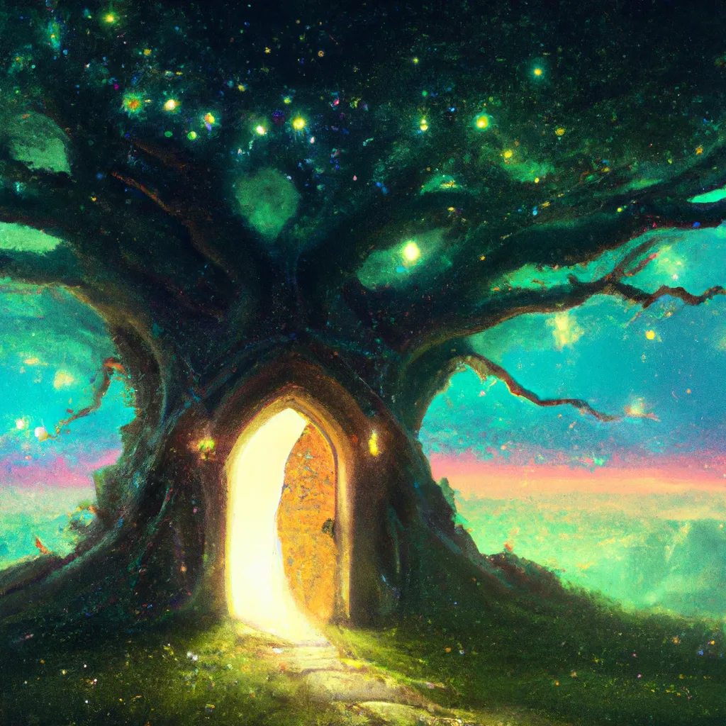 Prompt: an oak tree with a magical door, a luminescent path with fireflies leads to the door, majestic, giant, night-time, night sky with stars, digital art, art by Jessica Rossier, art by Stephan Martiniere, art by Caspar David Friedrich, Trending on ArtStation, 8K
