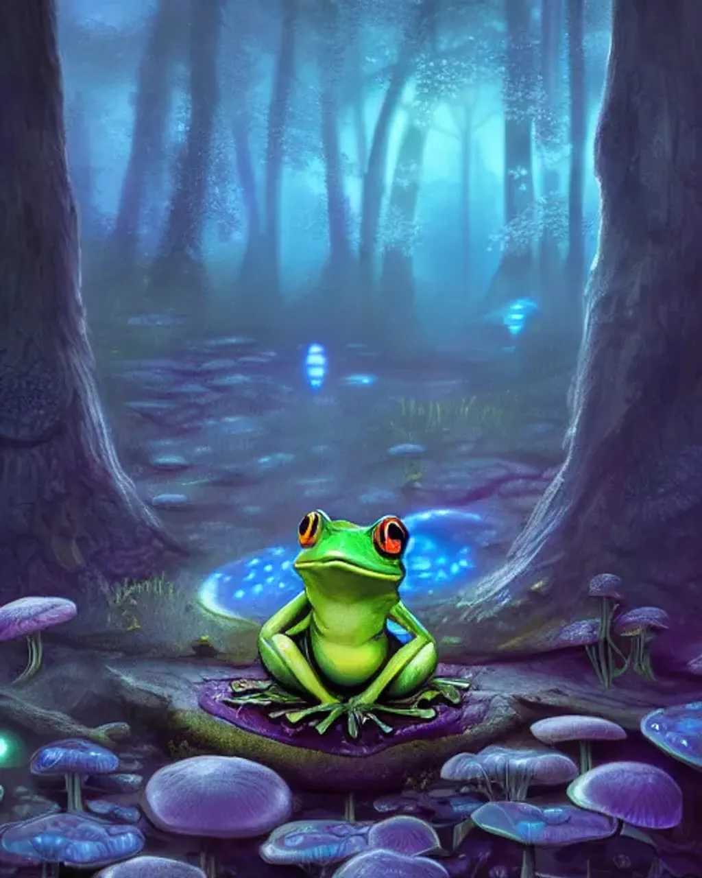 Prompt: a frog in a bioluminescence forest.  Mushrooms, pond.  futuristic scifi, intricate, elegant, highly detailed, digital painting, artstation, concept art, smooth, sharp focus, illustration, dreamlike, art by artgerm