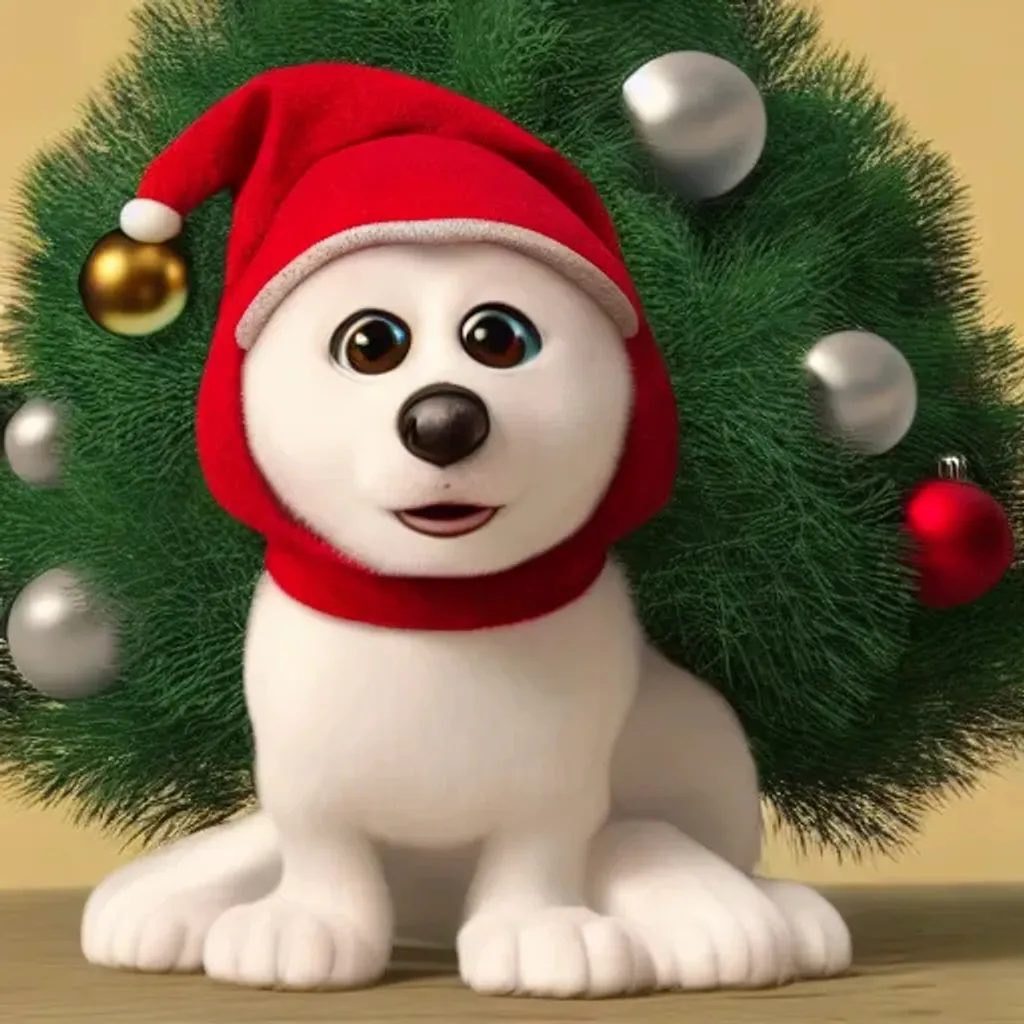 Prompt: Tiny adorable happy puppy, big beautiful eyes, Pixar render, winter hat, near Christmas tree