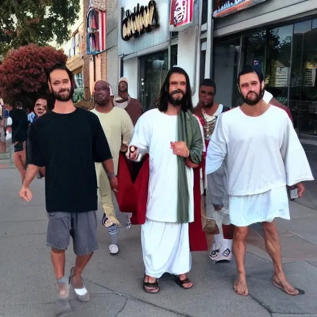 Prompt: realistic jesus christ going shopping with the homies
