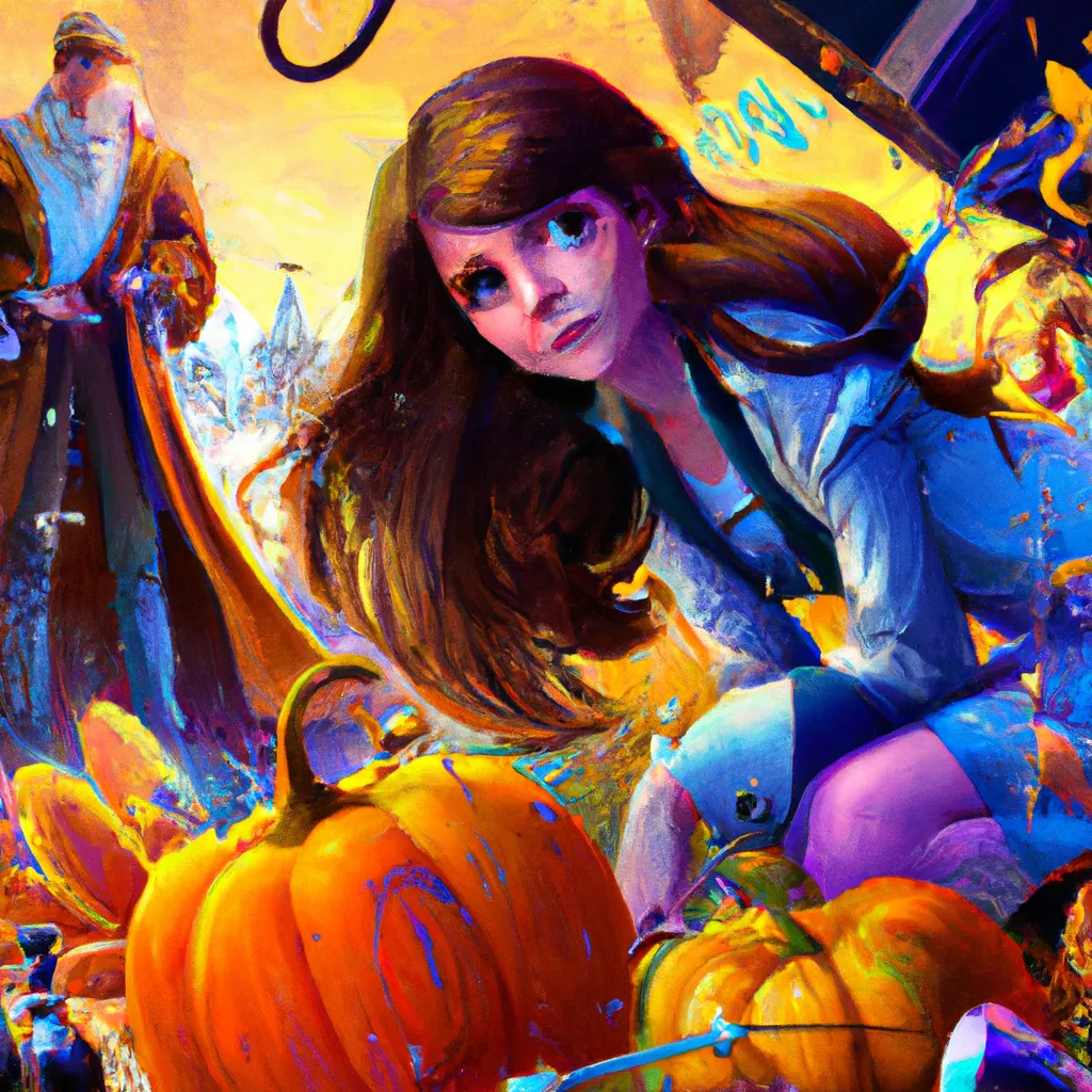 Prompt: Detailed hyper realistic ultra realistic sharp clear digital airbrush by Anna Dittmann, preston blair, Tom Bagshaw, eyvind earle, tim Burton, Gil Elvgren. Movie still poster of A Scary Haunted Horror spooky ghost woman in a autumn landscape. Desire love ghosts friendship blessings femininity strength healing ecology pumpkins lillies magic steampunk  robots. Playing Hide and seek.