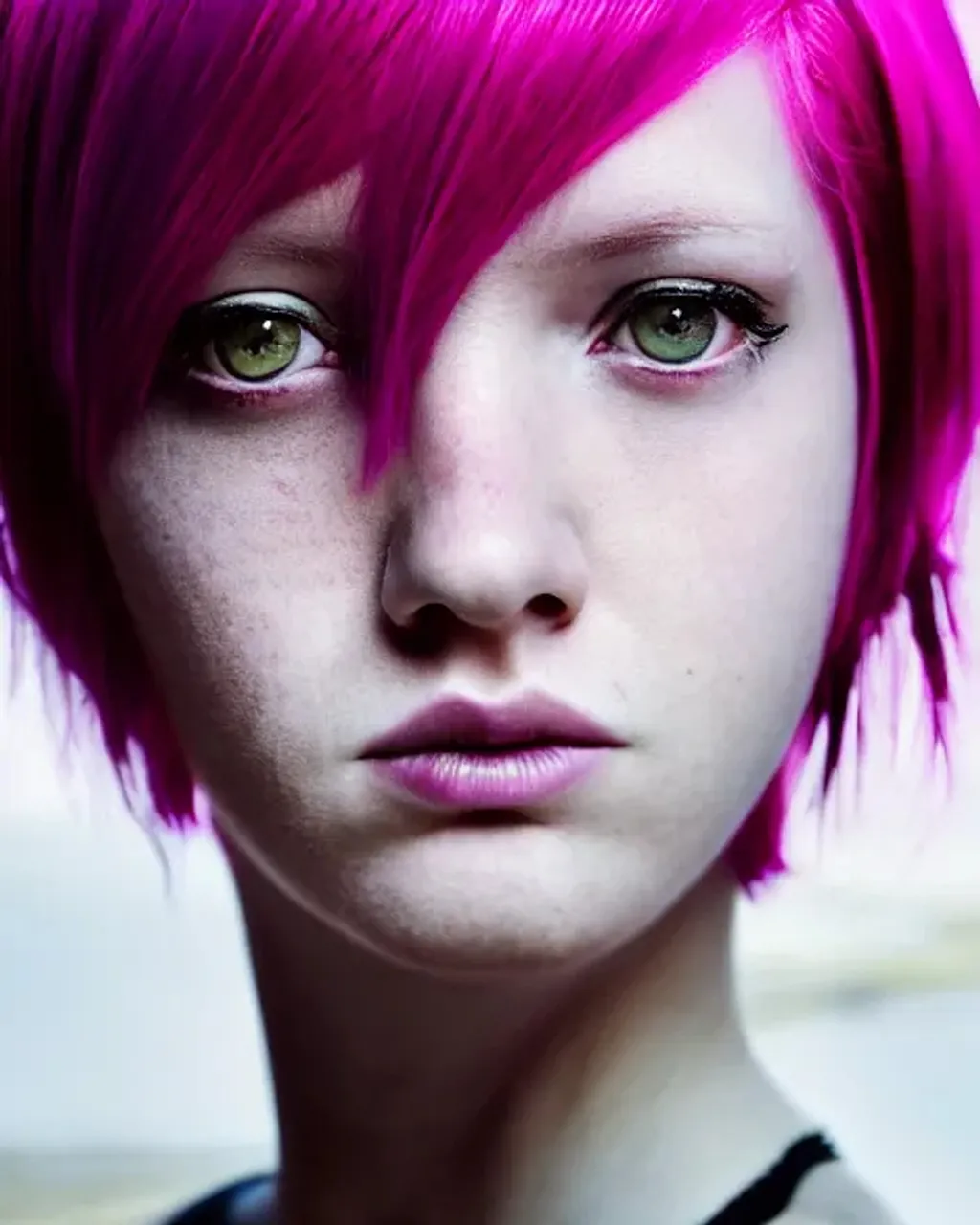 Prompt: portrait of emo woman with pink hair and a cute face, centered, scenic background, perfect composition, hyperrealistic, photorealism, 85mm lens, canon eos r5, super detailed, 32k, high quality, trending on artstation, sharp focus, studio lighting, intricate details, hyperdetailed photography by greg rutkowski, dino tomic