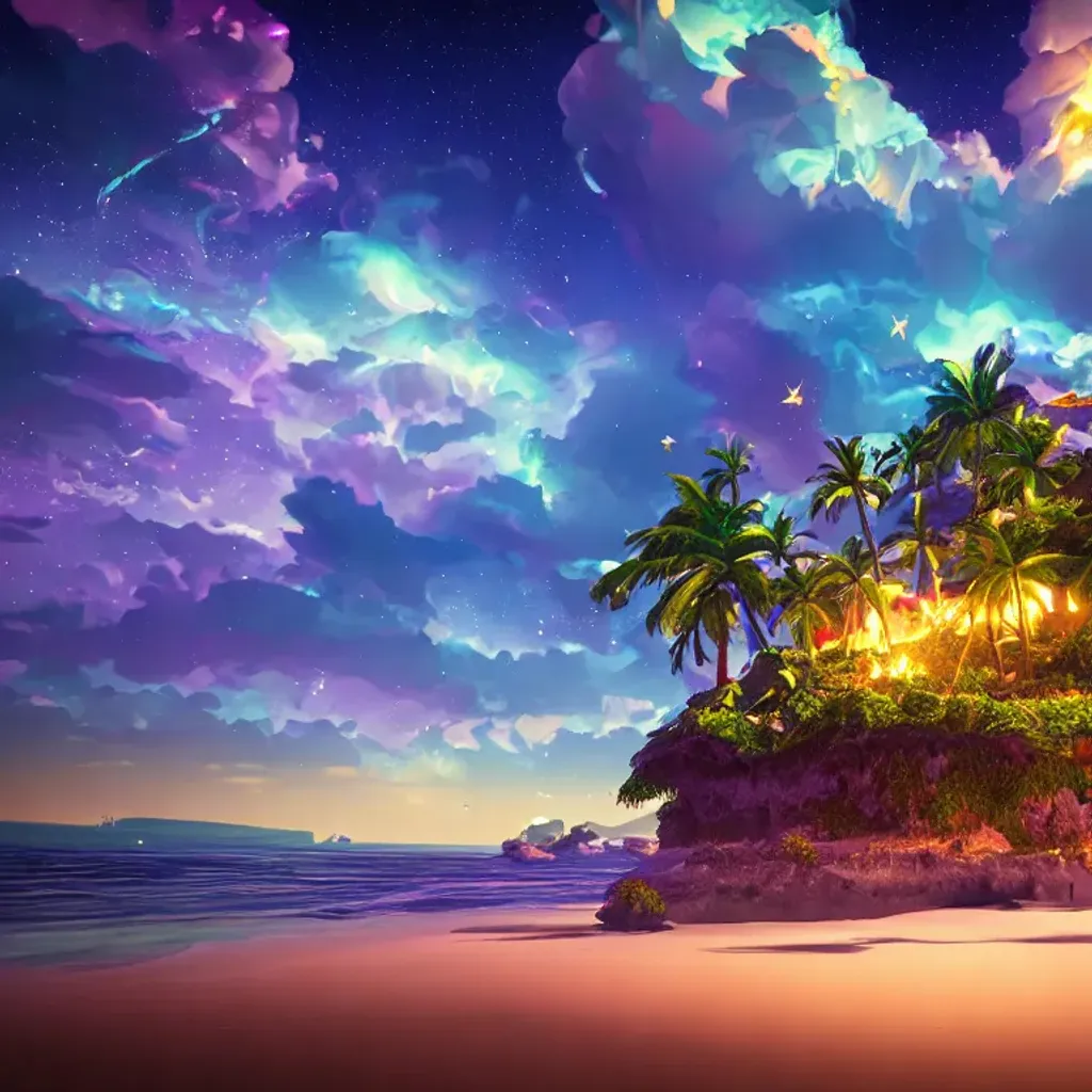 Prompt: island in front of a beach, sky full of stars, art deco, Splash art, 8k resolution, dynamic lighting, hyperdetailed, intricately detailed, trending on Artstation, triadic colors, Unreal Engine 5, volumetric lighting, poster art