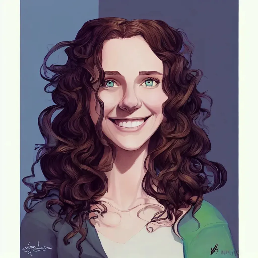 Prompt: avatar drawing of smiling white girl with loose curly brown hair and green eyes, clean cel shaded vector art, graphic design, flat color and line, minimalistic, artstation, hand drawn illustration, sketch, drawing, illustration art by lois van baarle and helen huang and artgerm, outlined